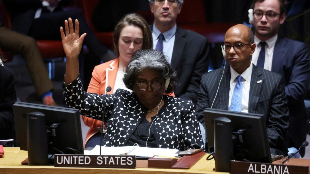 US Ambassador to the United Nations Linda Thomas-Greenfield votes against a Brazil-sponsored draft resolution during a meeting of the United Nations Security Council on the conflict between Israel and Palestine at UN headquarters in New York on October 18, 2023. Photo: Reuters.