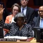 US Ambassador to the United Nations Linda Thomas-Greenfield votes against a Brazil-sponsored draft resolution during a meeting of the United Nations Security Council on the conflict between Israel and Palestine at UN headquarters in New York on October 18, 2023. Photo: Reuters.