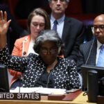 US Ambassador to the United Nations Linda Thomas-Greenfield votes against a Brazil-sponsored draft resolution during a meeting of the United Nations Security Council on the conflict between Israel and Palestine at UN headquarters in New York on October 18, 2023. Photo: Reuters.