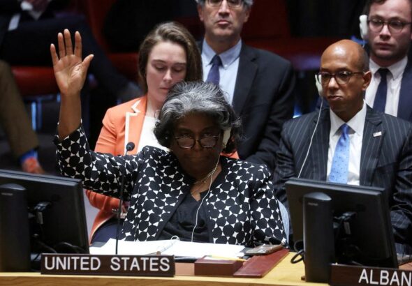 US Ambassador to the United Nations Linda Thomas-Greenfield votes against a Brazil-sponsored draft resolution during a meeting of the United Nations Security Council on the conflict between Israel and Palestine at UN headquarters in New York on October 18, 2023. Photo: Reuters.