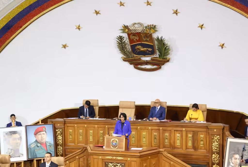 Venezuelan Vice President Delcy Rodríguez presenting the 2024 budget to the National Assembly this Tuesday,  December 13, 2023. Photo: Venezuela's Office of the Vice Presidency.