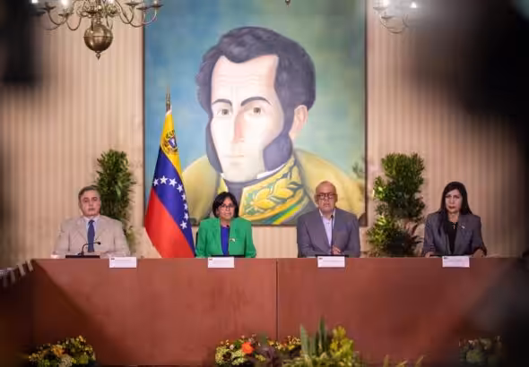 From left to right, Venezuelan Attorney General Tareck William Saab, Vice President Delcy Rodriguez, National Assembly President Jorge Rodriguez, and Supreme Court President Gladys Gutierrez during the Guayana Esequiba Defense Commission installation at the Casa Amarilla, Caracas on Tuesday, December 12, 2023. Photo: Rayner Pena/EFE.