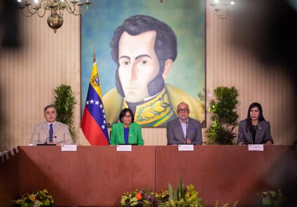 From left to right, Venezuelan Attorney General Tareck William Saab, Vice President Delcy Rodriguez, National Assembly President Jorge Rodriguez, and Supreme Court President Gladys Gutierrez during the Guayana Esequiba Defense Commission installation at the Casa Amarilla, Caracas on Tuesday, December 12, 2023. Photo: Rayner Pena/EFE.