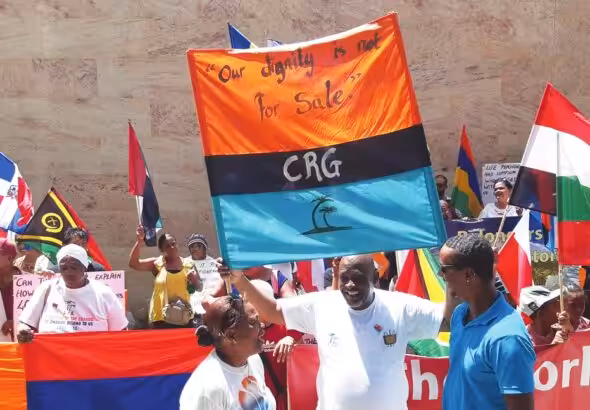 Demonstrators from the Chagos Islands protest demand the UK to end its illegal occupation of the Indian Ocean archipelago in Port Louis, capital of Mauritius on November 22, 2019. Photo: Jean Marc/AFP.