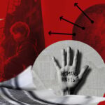 A graphic depicts a child positioned in front of a destroyed building. The palm of a hand in the foreground of the image reads "Human rights." Photo: Arwa Makki/Al Mayadeen English.