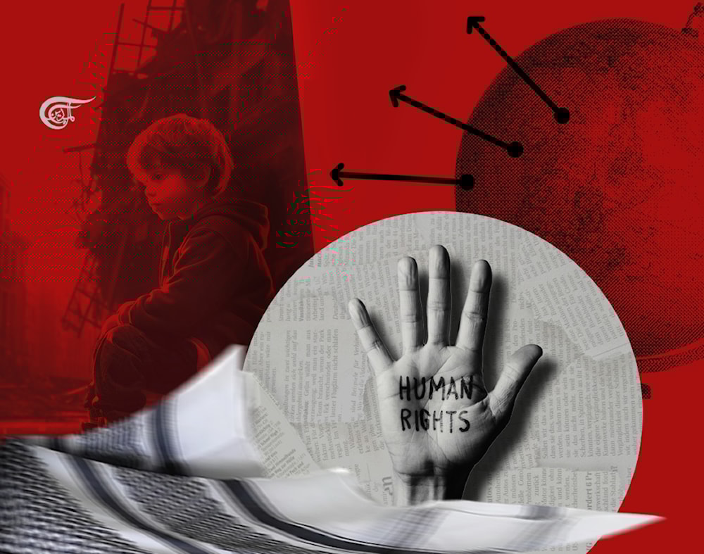 A graphic depicts a child positioned in front of a destroyed building. The palm of a hand in the foreground of the image reads "Human rights." Photo: Arwa Makki/Al Mayadeen English.
