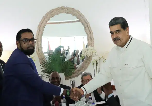 Venezuelan President Nicolás Maduro and Guyanese President Irfaan Ali shake hands as they meet amid tensions over the Essequibo dispute, in Kingstown, St. Vincent and the Grenadines, Thursday December 14, 2023. Photo: Presidential Press.