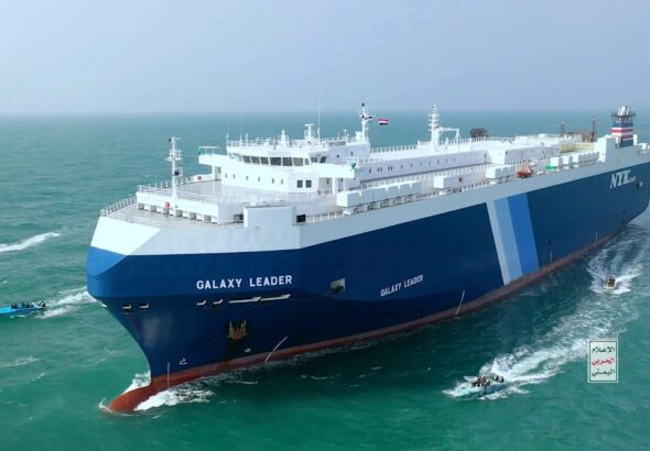 Yemeni Ansarallah forces capture and escort Israeli-owned ship Galaxy Leader off the coast of Yemen, November 19, 2023. Photo: Ansarallah Media Center.