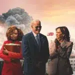 US President Joe Biden, Vice President Kamala Harris, and White House Press Secretary Karine Jean-Pierre positioned against the backdrop of a destroyed Gaza. Photo: Al-Carmel.
