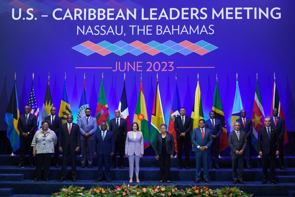 US Vice President Kamala Harris (center) poses for an official group photo with Caribbean heads of state attending the US-Caribbean Leaders Meeting, at the Atlantis Conference Center in Nassau, Bahamas, June 8, 2023. Photo: Kristaan Ingraham/AP.