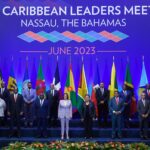 US Vice President Kamala Harris (center) poses for an official group photo with Caribbean heads of state attending the US-Caribbean Leaders Meeting, at the Atlantis Conference Center in Nassau, Bahamas, June 8, 2023. Photo: Kristaan Ingraham/AP.
