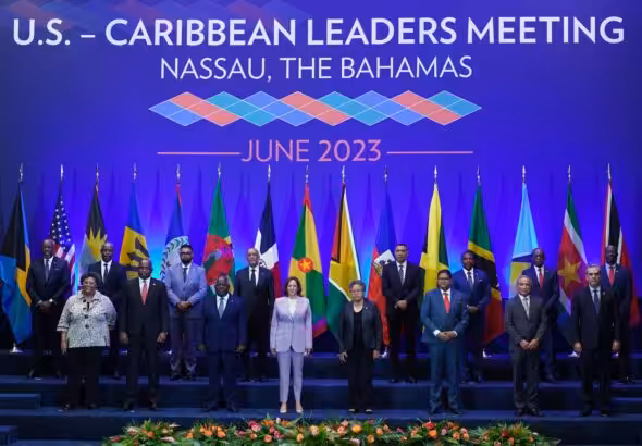 US Vice President Kamala Harris (center) poses for an official group photo with Caribbean heads of state attending the US-Caribbean Leaders Meeting, at the Atlantis Conference Center in Nassau, Bahamas, June 8, 2023. Photo: Kristaan Ingraham/AP.
