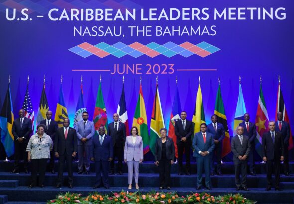 US Vice President Kamala Harris (center) poses for an official group photo with Caribbean heads of state attending the US-Caribbean Leaders Meeting, at the Atlantis Conference Center in Nassau, Bahamas, June 8, 2023. Photo: Kristaan Ingraham/AP.