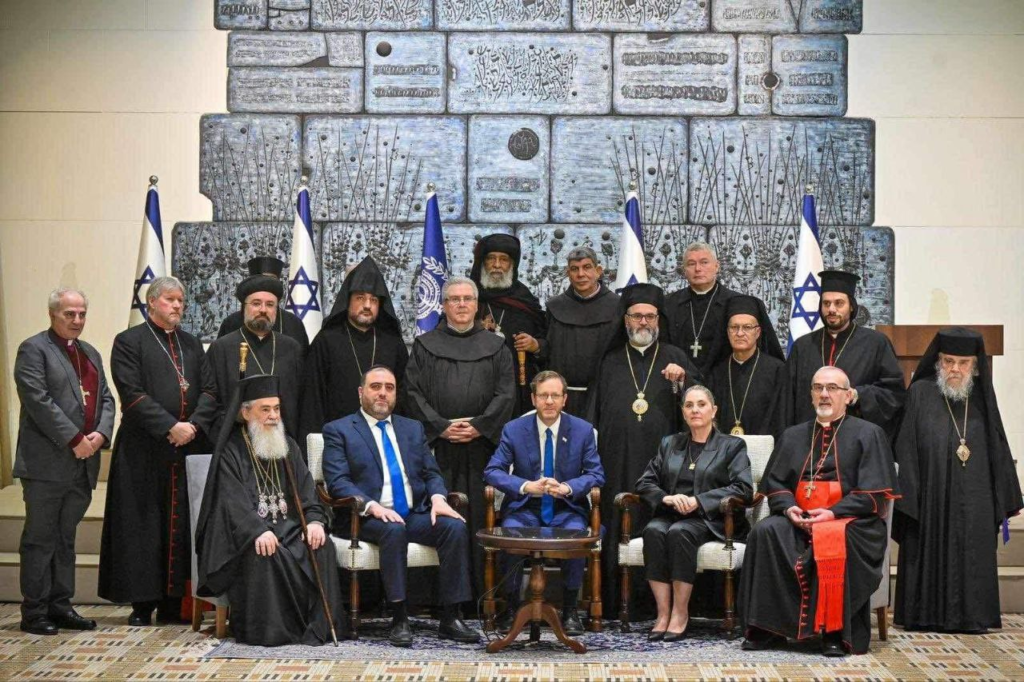 Heads of Christian churches in Palestine meet with "Israeli" President Isaac Herzog at his residence on December 22, 2023. Photo: Social Media.
