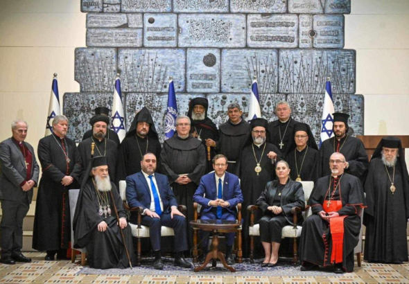 Heads of Christian churches in Palestine meet with "Israeli" President Isaac Herzog at his residence on December 22, 2023. Photo: Social Media.
