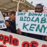 People in Kenya protesting biolabs with banners that read “shut down illegal biolabs in Kenya.” Photo: Batko Milacic.