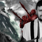 Photo composition showing the leader of Yemen's Ansarullah movement, Abdul-Malik Badreddin al-Houthi (right), US warplanes flying over the Red Sea (left) and a group of armed people. Photo: The Cradle.