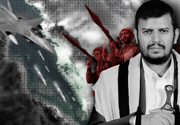 Photo composition showing the leader of Yemen's Ansarullah movement, Abdul-Malik Badreddin al-Houthi (right), US warplanes flying over the Red Sea (left) and a group of armed people. Photo: The Cradle.