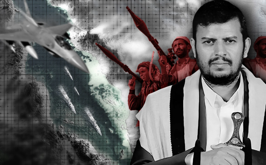 Photo composition showing the leader of Yemen's Ansarullah movement, Abdul-Malik Badreddin al-Houthi (right), US warplanes flying over the Red Sea (left) and a group of armed people. Photo: The Cradle.