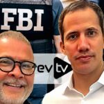 Photo composition showing Juan Guaidó (right) and EVTV's executive Carlos Méndez with FBI agents in the background. Photo: X/@Cyberpatria.