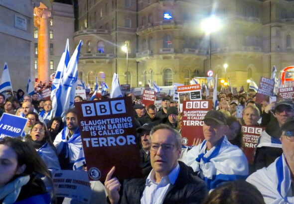 Hamas is a Terror Organization protest in front of the BBC offices in London on Oct. 18. Photo: Nizzan Cohen, Wikimedia Commons, CC BY 4.0.