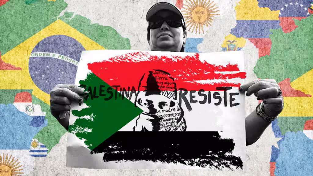Photo composition showing a protester holding a banner that reads “Palestine resist” on a Palestinian flag, with a background of Latin American flags. Photo: The New Arab.