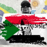 Photo composition showing a protester holding a banner that reads “Palestine resist” on a Palestinian flag, with a background of Latin American flags. Photo: The New Arab.
