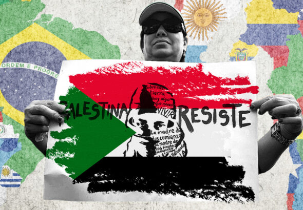 Photo composition showing a protester holding a banner that reads “Palestine resist” on a Palestinian flag, with a background of Latin American flags. Photo: The New Arab.