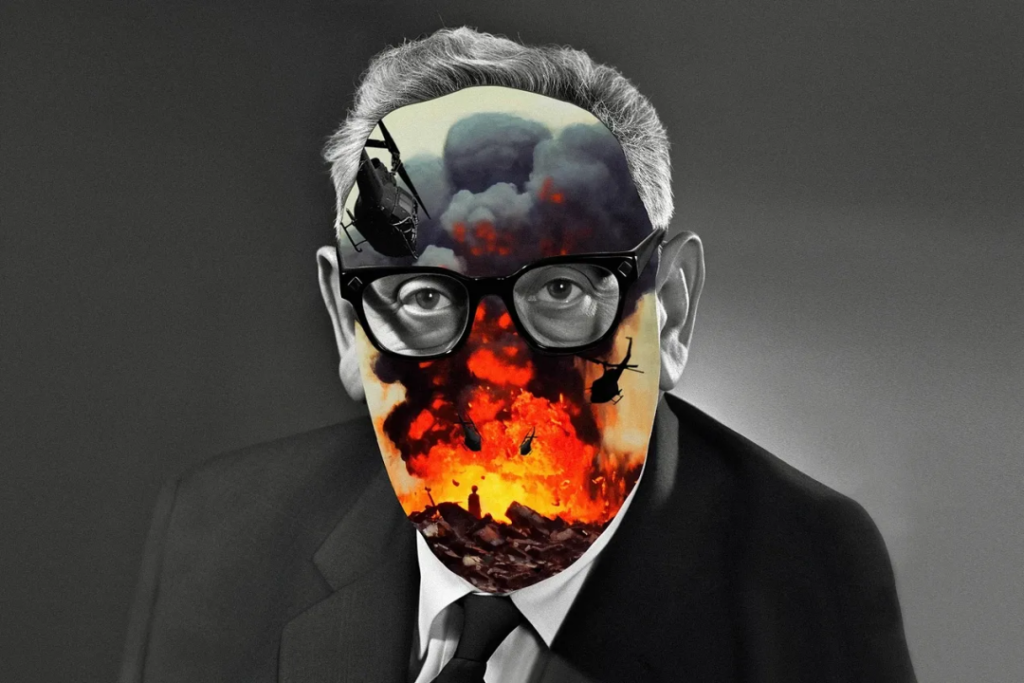 Illustration of Henry Kissinger's face superimposed with fighter planes and bomb blasts. Photo: Matthieu Bourel/The Intercept.