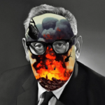 Illustration of Henry Kissinger's face superimposed with fighter planes and bomb blasts. Photo: Matthieu Bourel/The Intercept.