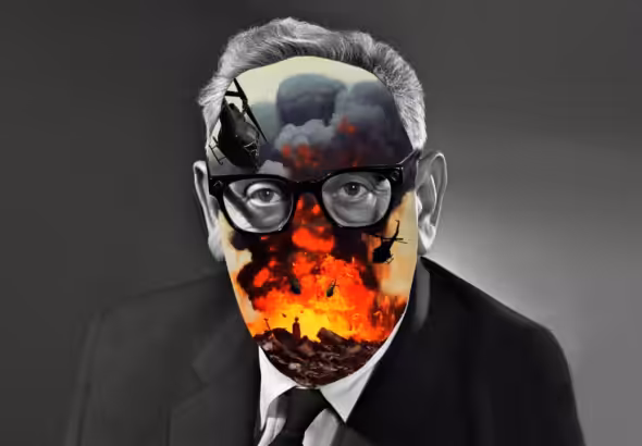 Illustration of Henry Kissinger's face superimposed with fighter planes and bomb blasts. Photo: Matthieu Bourel/The Intercept.