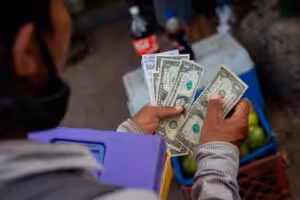 Street vendor counting US dollars along with bolívars. File photo.
