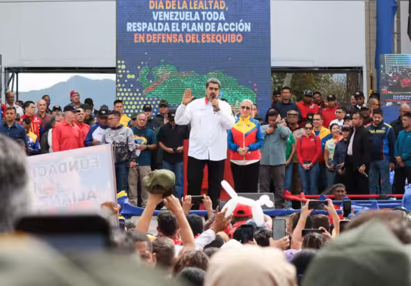 President Nicolás Maduro speaks on the new stage of Venezuela's defense of the Essequibo territory as mandated by the December 3 consultative referendum, at an official event in Caracas, December 8, 2023. Photo: Presidential Press.