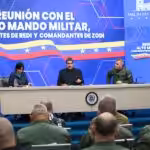 Venezuelan President Nicolás Maduro, accompanied by Vice President Delcy Rodríguez and Defense Minister Vladimir Padrino, addresses the Military High Command in Miraflores Palace, Caracas, December 16, 2023. Photo: Presidential Press.