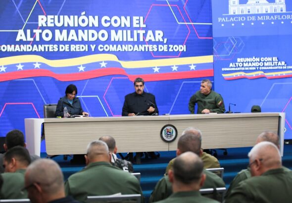 Venezuelan President Nicolás Maduro, accompanied by Vice President Delcy Rodríguez and Defense Minister Vladimir Padrino, addresses the Military High Command in Miraflores Palace, Caracas, December 16, 2023. Photo: Presidential Press.