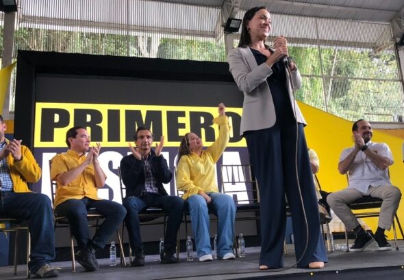 Venezuelan far-right politician María Corina Machado at an opposition event. File photo.