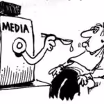 Cartoon depicting media spoonfeeding a viewer. Photo: Don Addis.