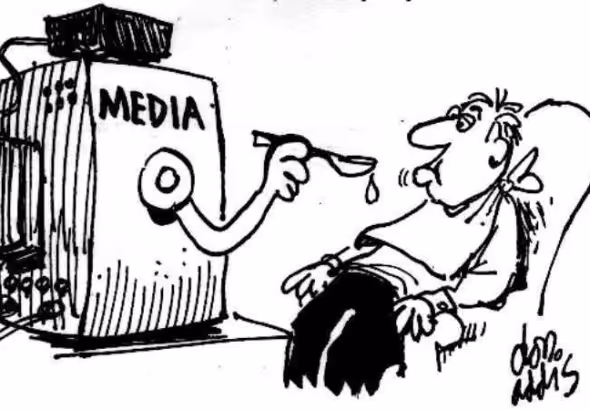 Cartoon depicting media spoonfeeding a viewer. Photo: Don Addis.