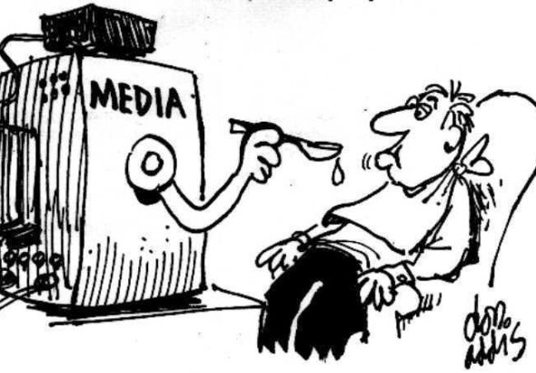 Cartoon depicting media spoonfeeding a viewer. Photo: Don Addis.
