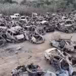 Drone footage released by the Israeli military in November shows the extent of the destruction of the cars fleeing the Supernova rave on October 7, likely inflicted by Israeli drones and helicopters. Photo: RT/Israeli military.