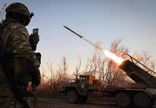 Russian servicemen fire a BM-21 Grad multiple rocket launcher towards Ukrainian positions, in the Donetsk People's Republic, Russia, October 28, 2023. Photo: Stanislav Krasilnikov/Sputnik.