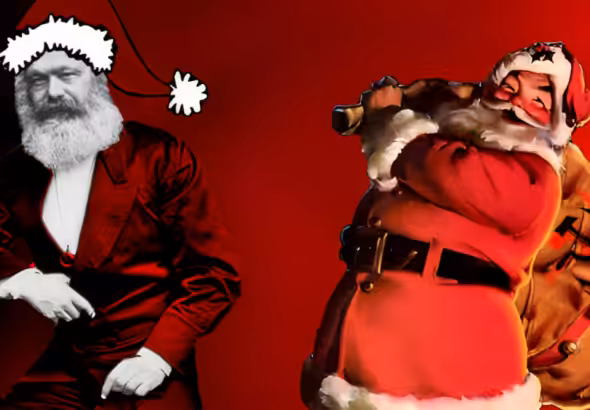 Graphic showing Santa Claus (right) and Karl Marx in Christmas costume (left). Photo: Midwestern Marx.