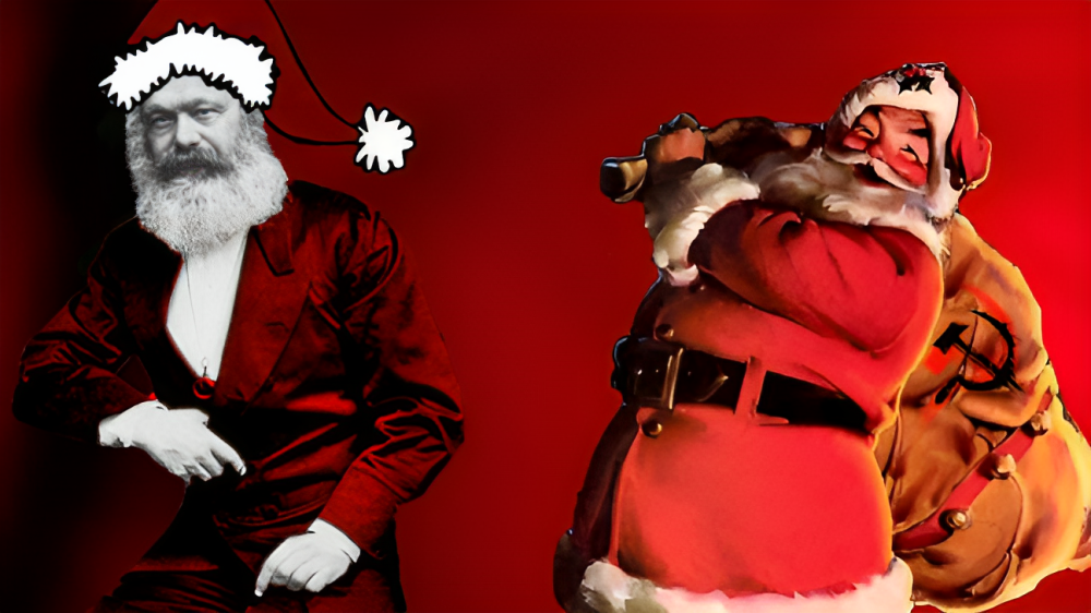 Graphic showing Santa Claus (right) and Karl Marx in Christmas costume (left). Photo: Midwestern Marx.