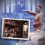 A compilation image overlaying Adolf Hitler and Jewish victims in a concentration camp over the Worl Zionist Congress and Theodore Herzl. Photo: Al-Mayadeen Arabic