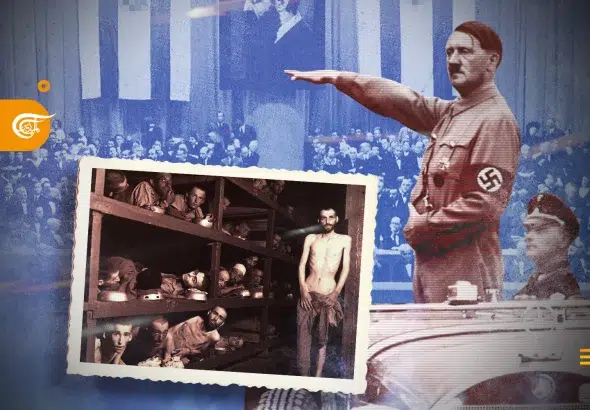 A compilation image overlaying Adolf Hitler and Jewish victims in a concentration camp over the Worl Zionist Congress and Theodore Herzl. Photo: Al-Mayadeen Arabic