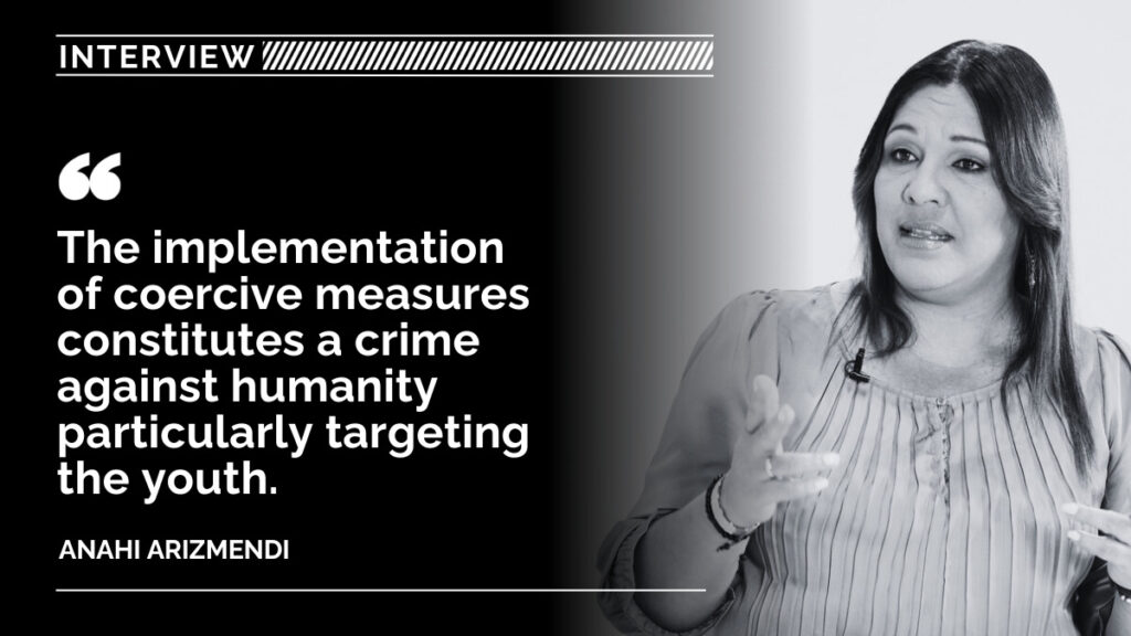 A graphic depicts interviewee Anahi Arizmendi, author of Infancia bajo asedio. Photo: Venezuelanalysis.