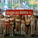 Zionist women in a pro occupation photo-op to reinforce the ”Hamas rape” narrative. Photo: Jonathan Cook Blog/File photo.