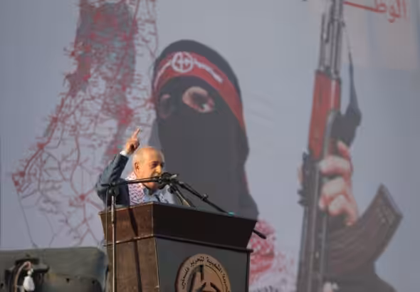 Deputy Secretary-General of the Popular Front for the Liberation of Palestine, Jamil Mezher, during the central festival commemorating the 55th anniversary of the Front’s launch in Al-Katiba Square in Gaza City on December 2022. Photo: Ali Jadallah/File photo.