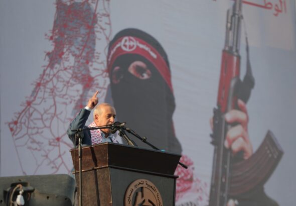 Deputy Secretary-General of the Popular Front for the Liberation of Palestine, Jamil Mezher, during the central festival commemorating the 55th anniversary of the Front’s launch in Al-Katiba Square in Gaza City on December 2022. Photo: Ali Jadallah/File photo.