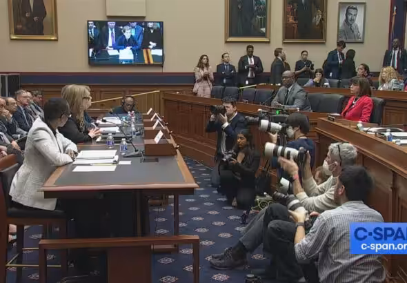 The presidents of Harvard, the University of Pennsylvania, and MIT sit for the December 5 congressional hearing. Photo: C-SPAN.